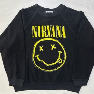 Daydreamer Nirvana Smiley Reverse Fleece Sweatshirt M Black Raglan Crew Grunge‎